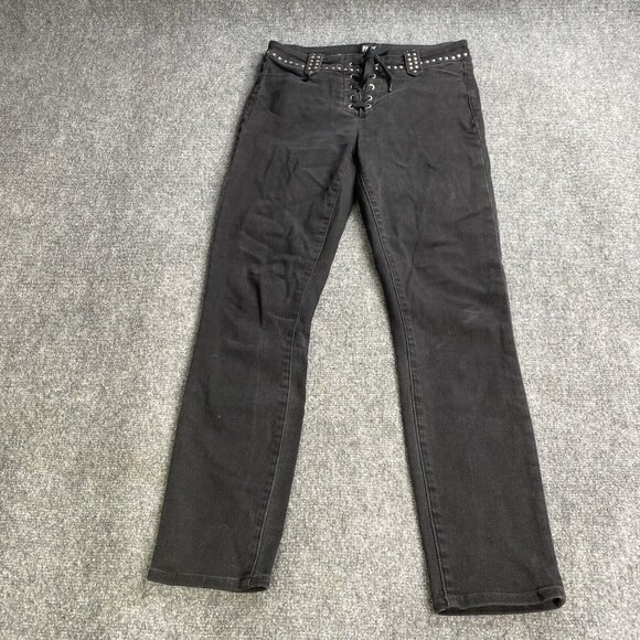Paige Jeans Womens 27 Black Lace Up Fly Studded Waist‎ Skinny Biker Goth - Picture 1 of 9
